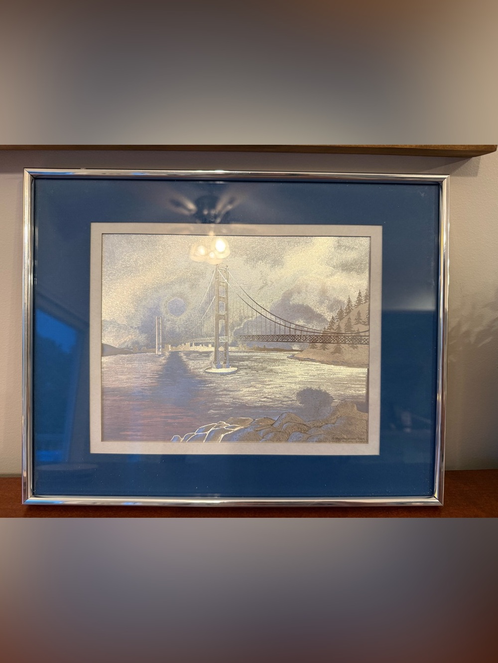Golden Bridge Metallic Landscape Print in Blue Mat Manifestations brand
